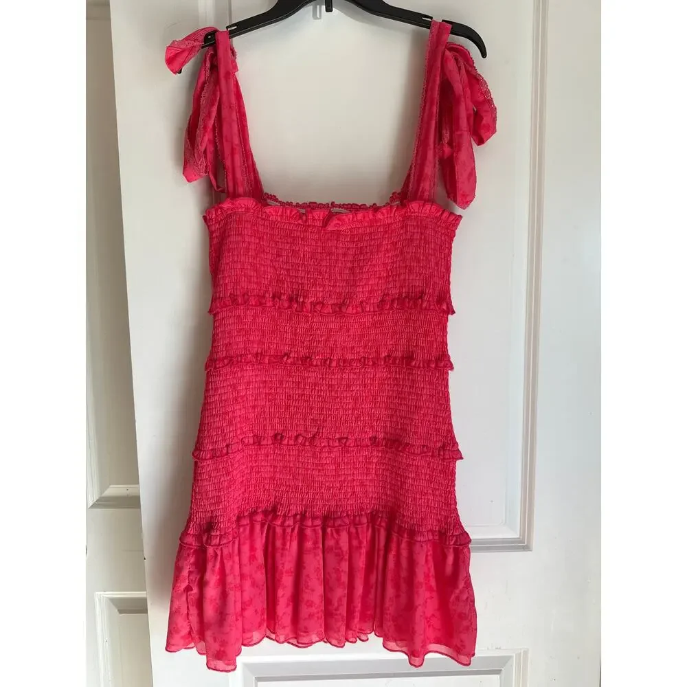 Bright Pink Smocked Floral Tiered Ruffle Mini Dress M Feminine - Picture 5 of 7